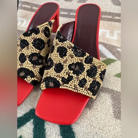 STAUD Nevil Asymmetrical Beaded Heel Sandals in Leopard Size 38 US 8 Retail $350