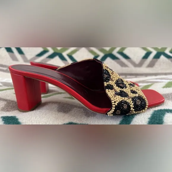 STAUD Nevil Asymmetrical Beaded Heel Sandals in Leopard Size 38 US 8 Retail $350