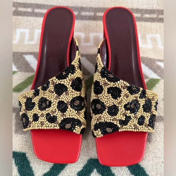 STAUD Nevil Asymmetrical Beaded Heel Sandals in Leopard Size 38 US 8 Retail $350