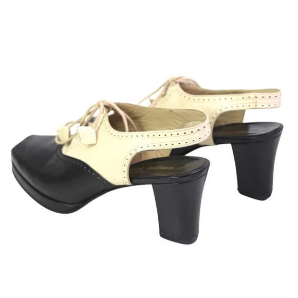 Stephane Kelian BLACK BEIGE LEATHER MID HEEL OPEN TOE LACE SLINGBACK SANDALS 5