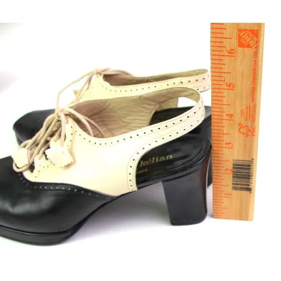Stephane Kelian BLACK BEIGE LEATHER MID HEEL OPEN TOE LACE SLINGBACK SANDALS 5