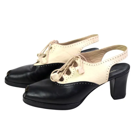 Stephane Kelian BLACK BEIGE LEATHER MID HEEL OPEN TOE LACE SLINGBACK SANDALS 5