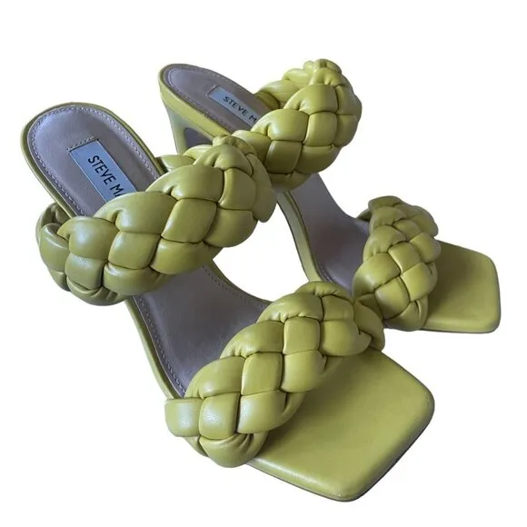 Steve Madden 8.5 Kenley Heel Puffy Braided Leather Square Toe Sandals Yellow