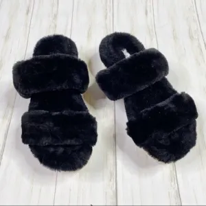 Steve Madden Black Faux Fur Katana Platform Slipper Sandals