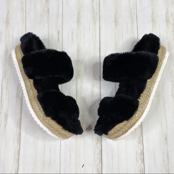 Steve Madden Black Faux Fur Katana Platform Slipper Sandals