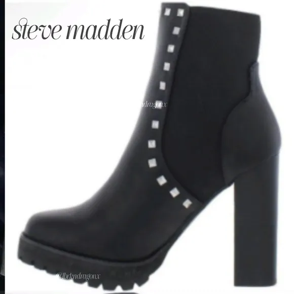 Steve Madden Booties Leather Black Studded Ankle Block Heel Boots BNIOB Platform