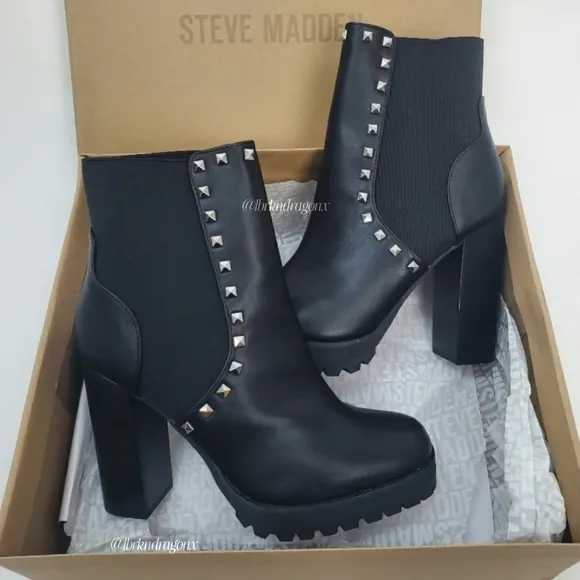 Steve Madden Booties Leather Black Studded Ankle Block Heel Boots BNIOB Platform