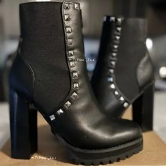 Steve Madden Booties Leather Black Studded Ankle Block Heel Boots BNIOB Platform