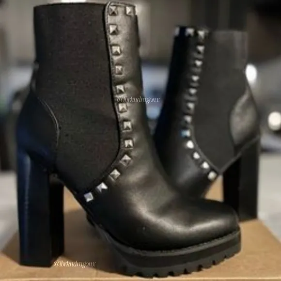 Steve Madden Booties Leather Black Studded Ankle Block Heel Boots BNIOB Platform