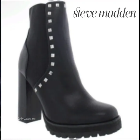 Steve Madden Booties Leather Black Studded Ankle Block Heel Boots BNIOB Platform