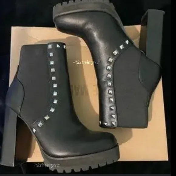 Steve Madden Booties Leather Black Studded Ankle Block Heel Boots BNIOB Platform