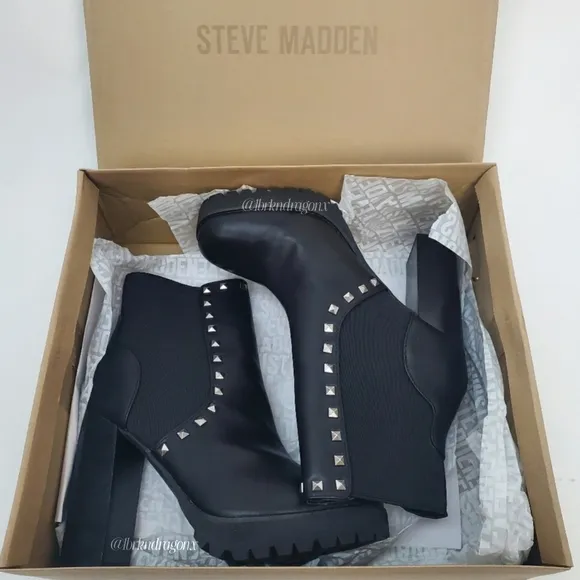 Steve Madden Booties Leather Black Studded Ankle Block Heel Boots BNIOB Platform