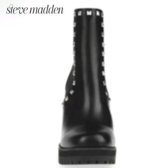 Steve Madden Booties Leather Black Studded Ankle Block Heel Boots BNIOB Platform