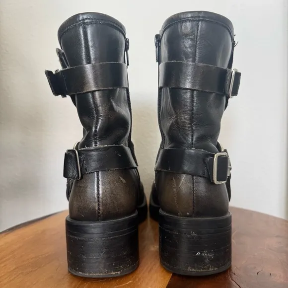 Steve Madden Brixton Block Heel Booties Harness Boots Distressed Brown Leather