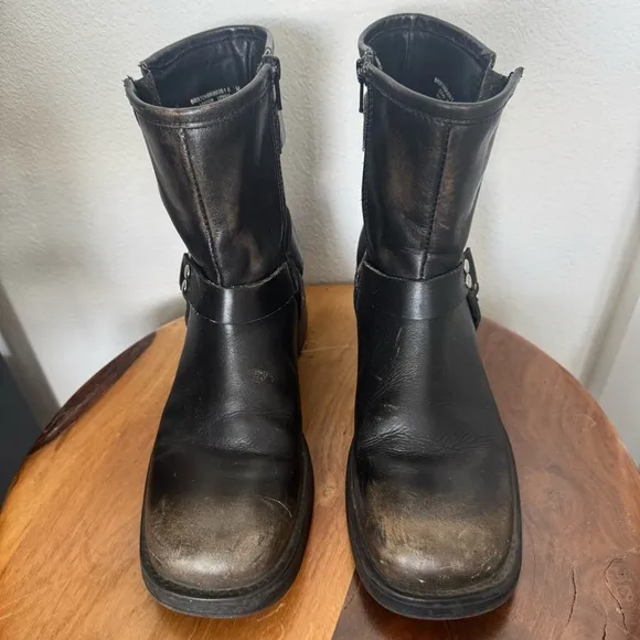 Steve Madden Brixton Block Heel Booties Harness Boots Distressed Brown Leather