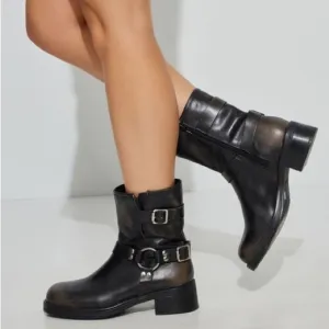 Steve Madden Brixton Block Heel Booties Harness Boots Distressed Brown Leather