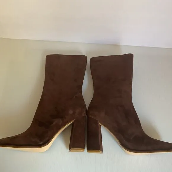 Steve Madden Brown Suede Leather Boots Size 8 SM Block Heel Square Toe Zip