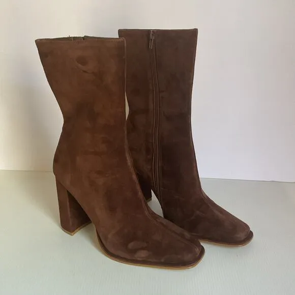 Steve Madden Brown Suede Leather Boots Size 8 SM Block Heel Square Toe Zip