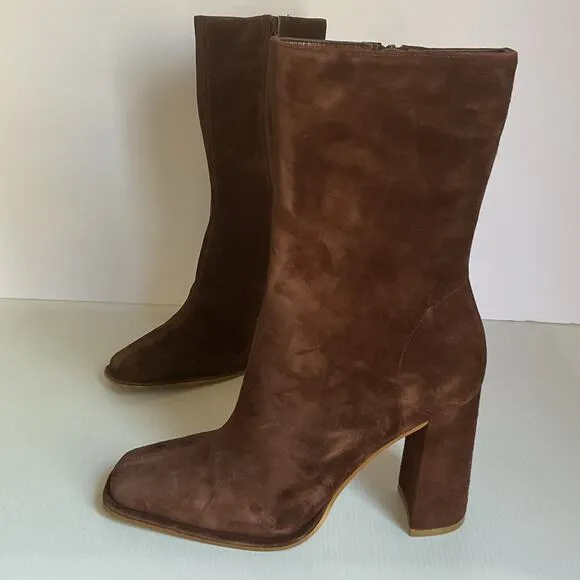Steve Madden Brown Suede Leather Boots Size 8 SM Block Heel Square Toe Zip