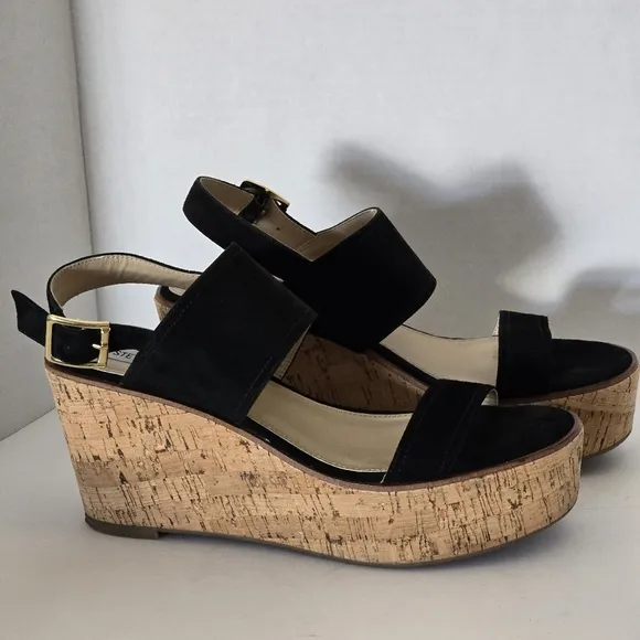 Steve Madden Caytln Black Suede Wedge Platform Sandals Size 9.5