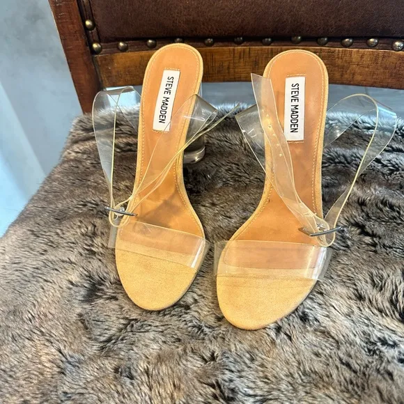 Steve Madden Clearer Clear Lucite 4” Minimalist Ankle Closure Sandals, Size 8.5