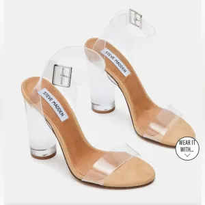Steve Madden Clearer Clear Lucite 4” Minimalist Ankle Closure Sandals, Size 8.5