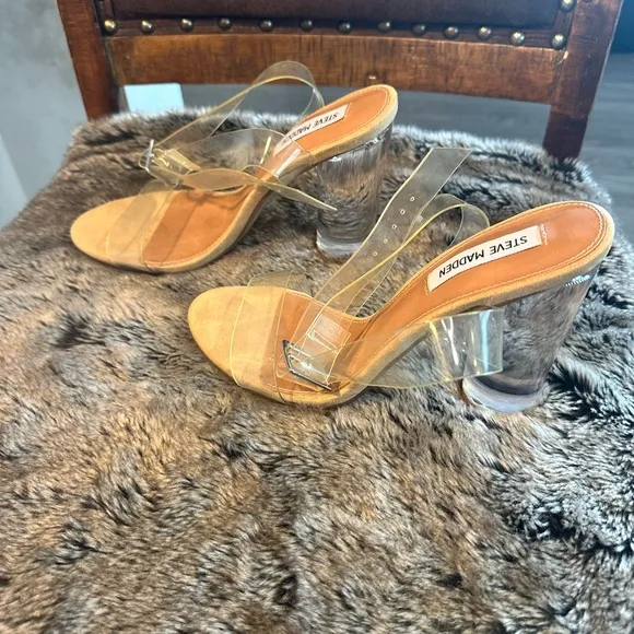Steve Madden Clearer Clear Lucite 4” Minimalist Ankle Closure Sandals, Size 8.5