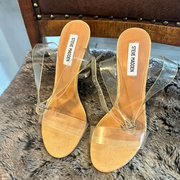 Steve Madden Clearer Clear Lucite 4” Minimalist Ankle Closure Sandals, Size 8.5