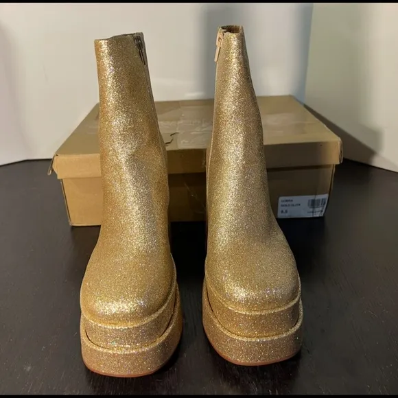 Steve Madden Cobra Glittered Platform Heeled Boots Bootie Shoes Gold Womens 8.5
