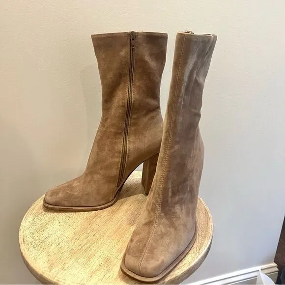 Steve Madden Lockwood Suede Mid Shaft Zip Up Block Heel Boots in Tan Sz 10 NWOB