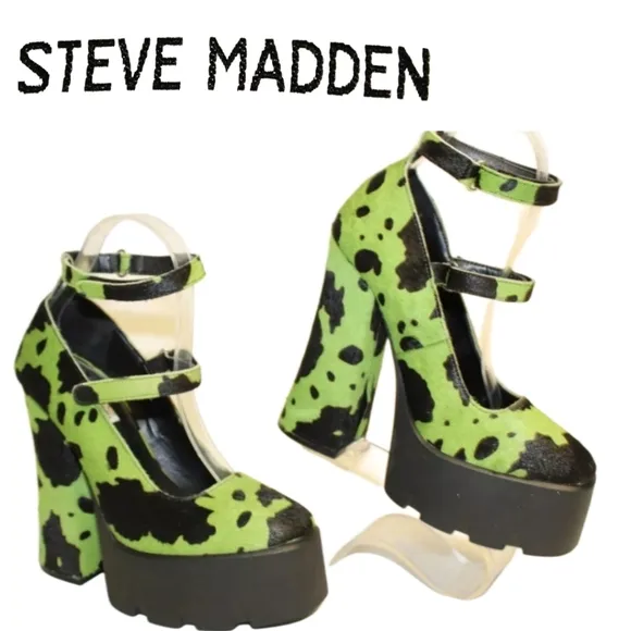 Steve Madden NEW Haruko Womens 7 M Green/Black Dyed Cow Fur Platform Mary Janes