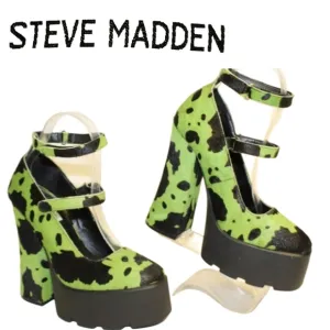 Steve Madden NEW Haruko Womens 7 M Green/Black Dyed Cow Fur Platform Mary Janes