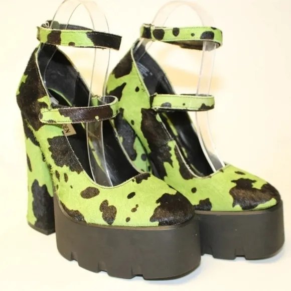 Steve Madden NEW Haruko Womens 7 M Green/Black Dyed Cow Fur Platform Mary Janes