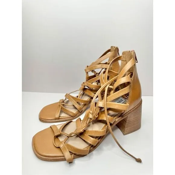 Steve Madden Sandals Size 7.5 Tan Leather Cherri Block Heel Strappy Heels