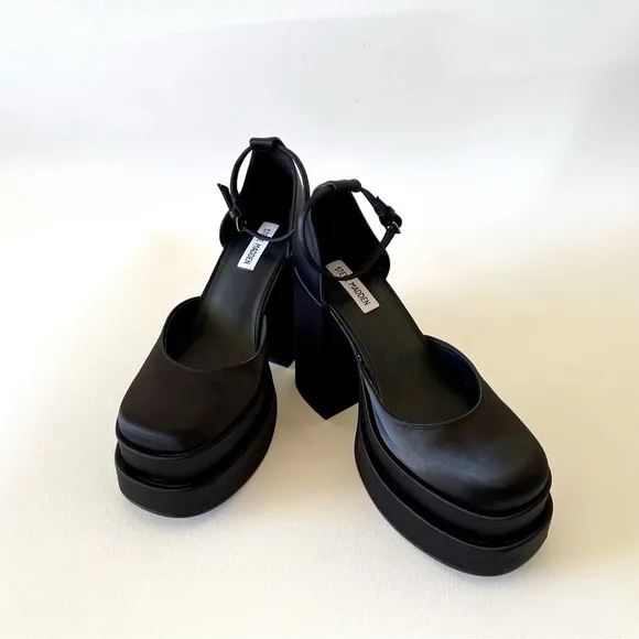 Steve Madden Shoes Charlize Platform Heels Satin Chunky Holiday Y2K Black 10