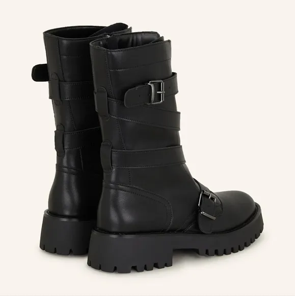 Steve Madden Treaton Women’s Buckled Black Leather Biker Boots Sz 8 NWT