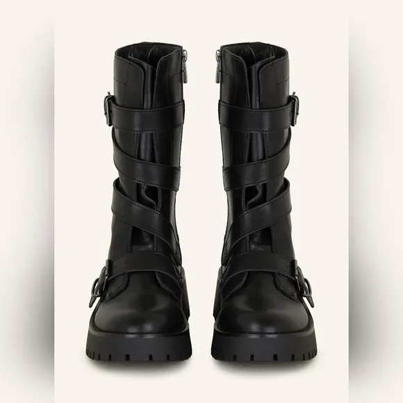 Steve Madden Treaton Women’s Buckled Black Leather Biker Boots Sz 8 NWT