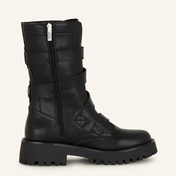 Steve Madden Treaton Women’s Buckled Black Leather Biker Boots Sz 8 NWT