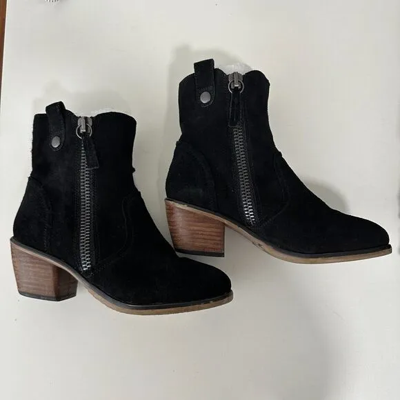 Steve Madden Windey Sexy Black Suede Leather Side Zip Wood Block Heel Boots 6.5