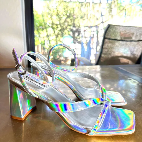Steve Madden Womens Heels Sandals Block Heel Square Toe Metallic Silver 8.5