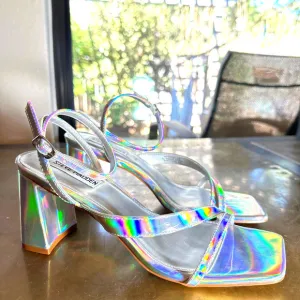 Steve Madden Womens Heels Sandals Block Heel Square Toe Metallic Silver 8.5