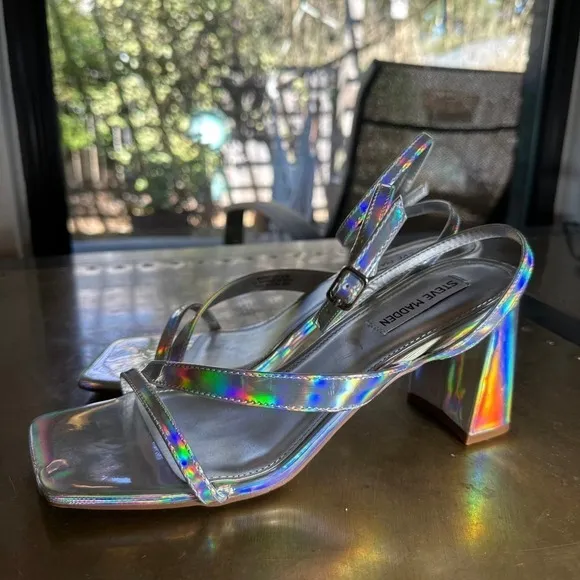 Steve Madden Womens Heels Sandals Block Heel Square Toe Metallic Silver 8.5