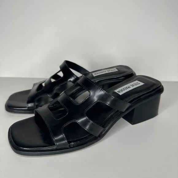 Steve Madden Womens Princess Slides Shoes Sandals Block Heel Leather Black 6