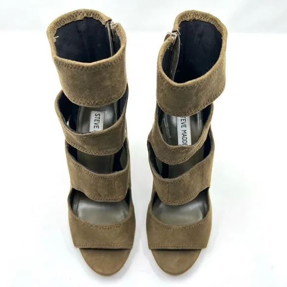 Steve Madden Tawnie Olive Microfiber Suede Cut Out Caged High Heel Sandals 7.5