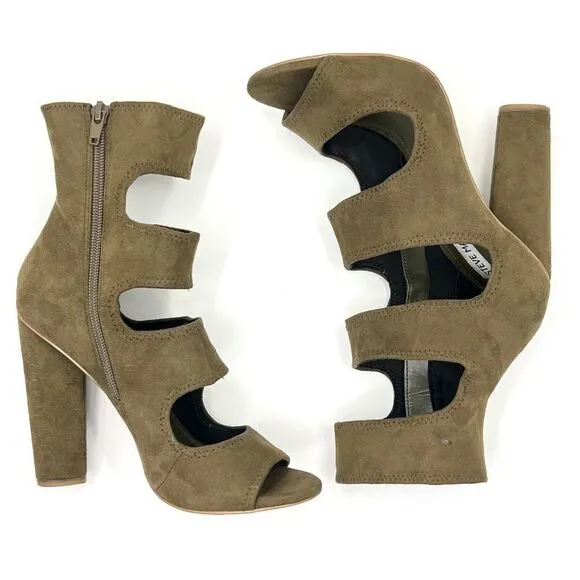 Steve Madden Tawnie Olive Microfiber Suede Cut Out Caged High Heel Sandals 7.5