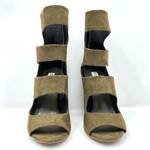 Steve Madden Tawnie Olive Microfiber Suede Cut Out Caged High Heel Sandals 7.5