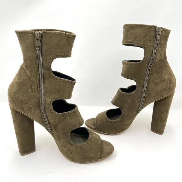 Steve Madden Tawnie Olive Microfiber Suede Cut Out Caged High Heel Sandals 7.5
