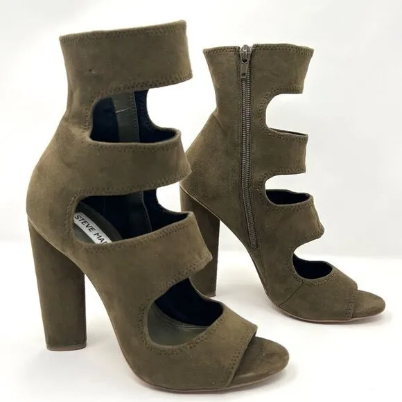 Steve Madden Tawnie Olive Microfiber Suede Cut Out Caged High Heel Sandals 7.5