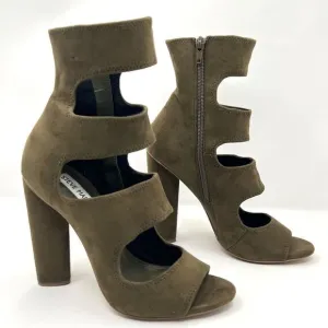 Steve Madden Tawnie Olive Microfiber Suede Cut Out Caged High Heel Sandals 7.5