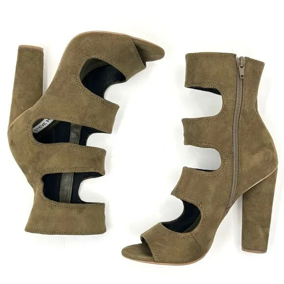 Steve Madden Tawnie Olive Microfiber Suede Cut Out Caged High Heel Sandals 7.5